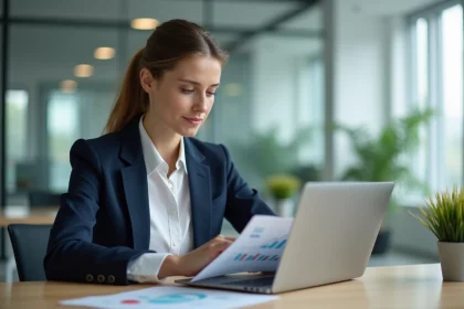 Femme en blazer analysant des graphiques financiers au bureau