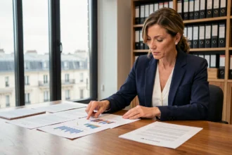 Femme cadre analysant des documents financiers sur des SCPI à capital fixe et variable dans un bureau parisien moderne