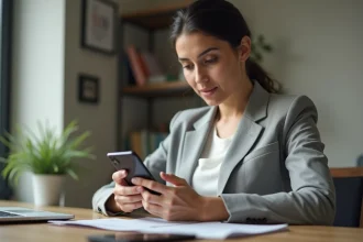 Femme utilisant une application bancaire sur smartphone pour générer un numéro de carte virtuelle Virtualis CMB
