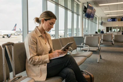 Femme consultant son assurance voyage sur tablette dans un aéroport avant son départ