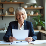 Femme d'âge moyen souriant en tenant des documents d'assurance