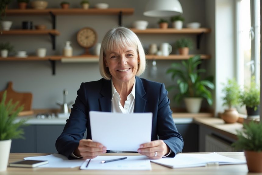 Femme d'âge moyen souriant en tenant des documents d'assurance