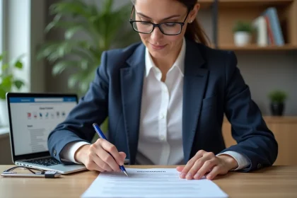 Femme professionnelle examine un contrat d'assurance au bureau