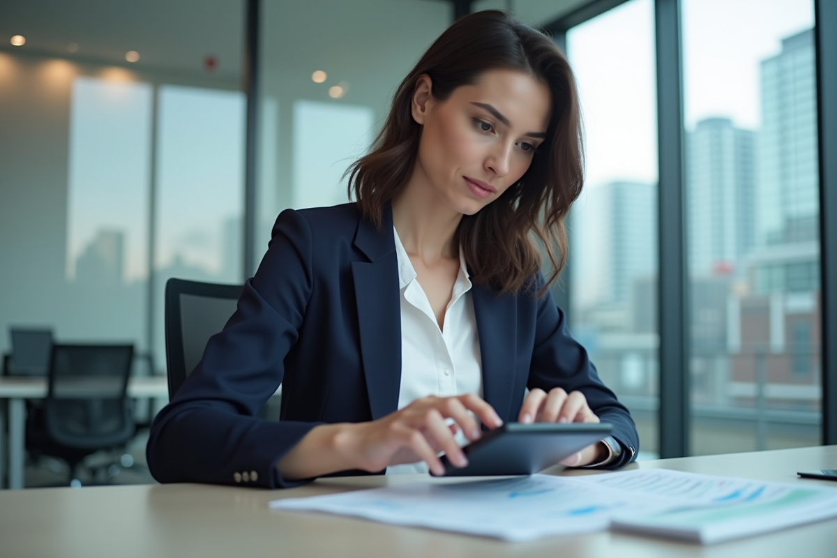 Femme en costume bleu examine un document d'assurance au bureau