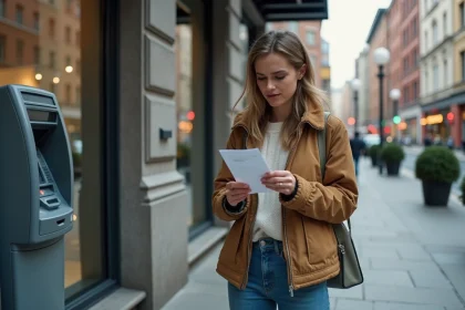 Femme regardant son solde à un distributeur en ville