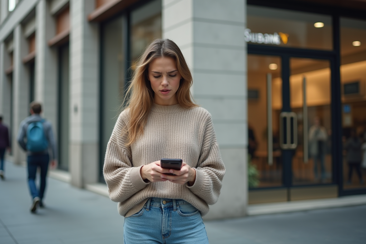 Jeune femme anxieuse vérifiant son téléphone devant une banque