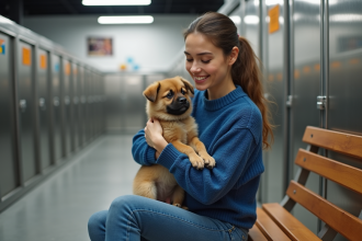 Jeune femme avec un chiot dans un refuge animalier