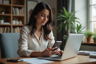 Femme d'affaires regardant son compte bancaire sur un ordinateur portable