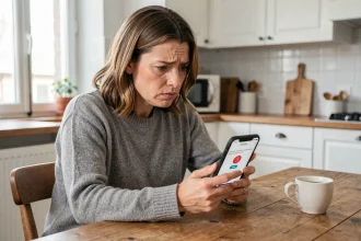 Femme frustrée consultant son application Caisse d'Epargne qui présente un bug sur son smartphone