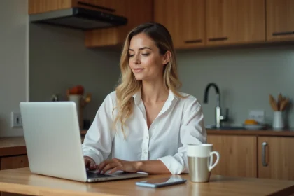 Femme travaillant sur son ordinateur dans une cuisine moderne