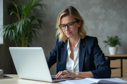 Femme professionnelle au bureau à domicile en revue des documents