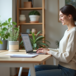 Jeune femme souriante travaillant sur son ordinateur dans un bureau lumineux