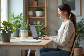 Jeune femme souriante travaillant sur son ordinateur dans un bureau lumineux