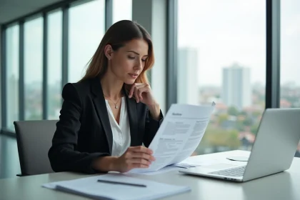 Femme professionnelle au bureau moderne en train de comparer des documents