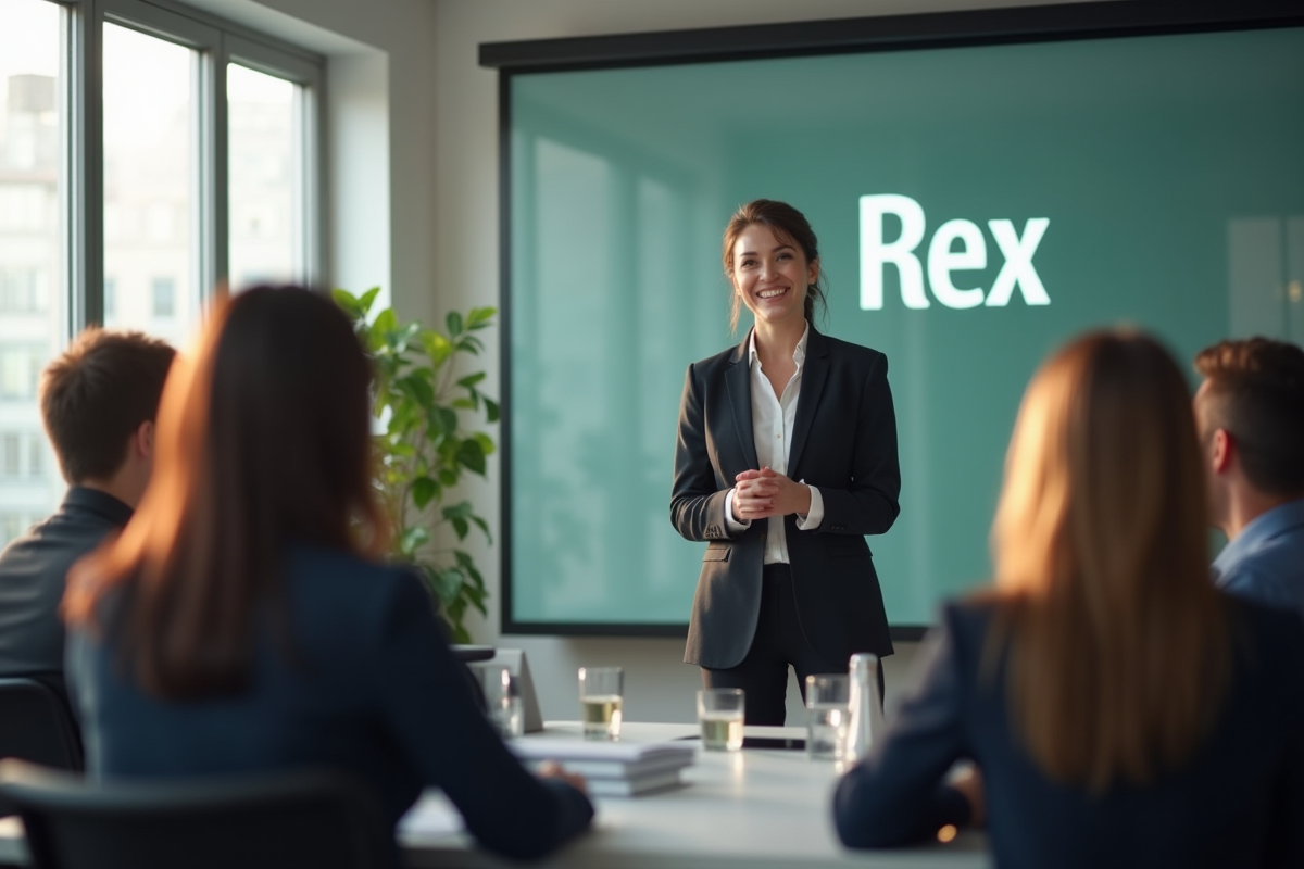 Femme d'affaires confiante présente devant ses collègues dans un bureau lumineux