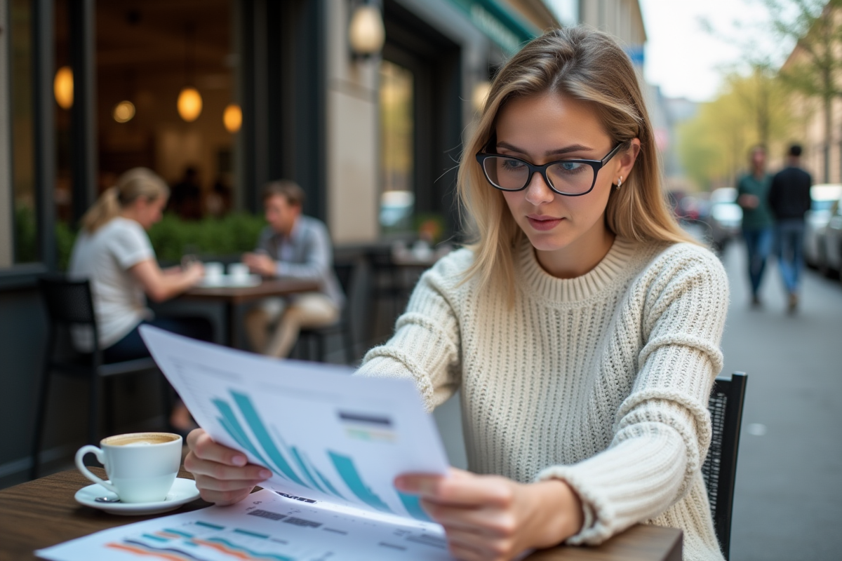 Jeune femme analysant des graphiques dans un café urbain