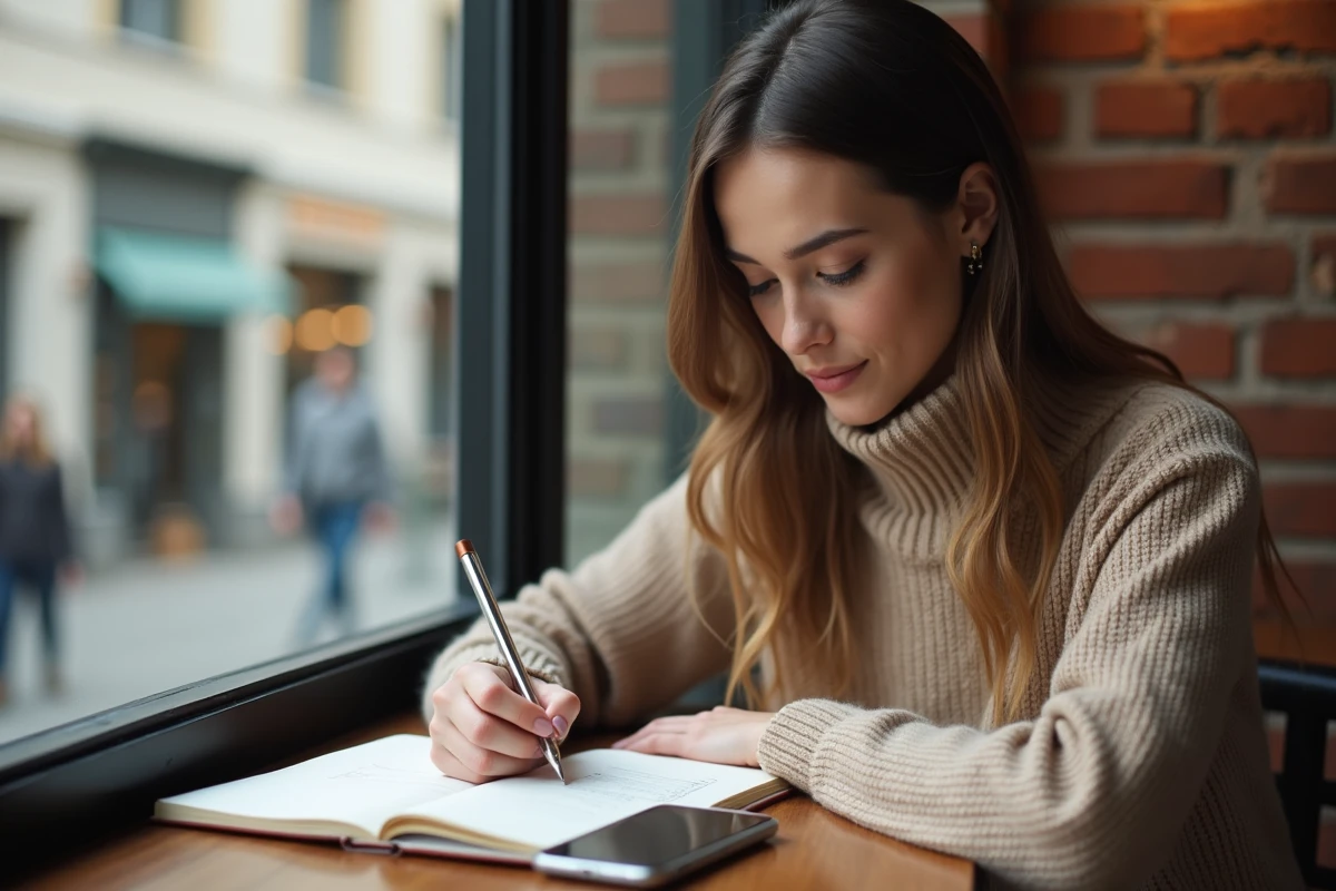 Jeune femme prenant des notes dans un café moderne