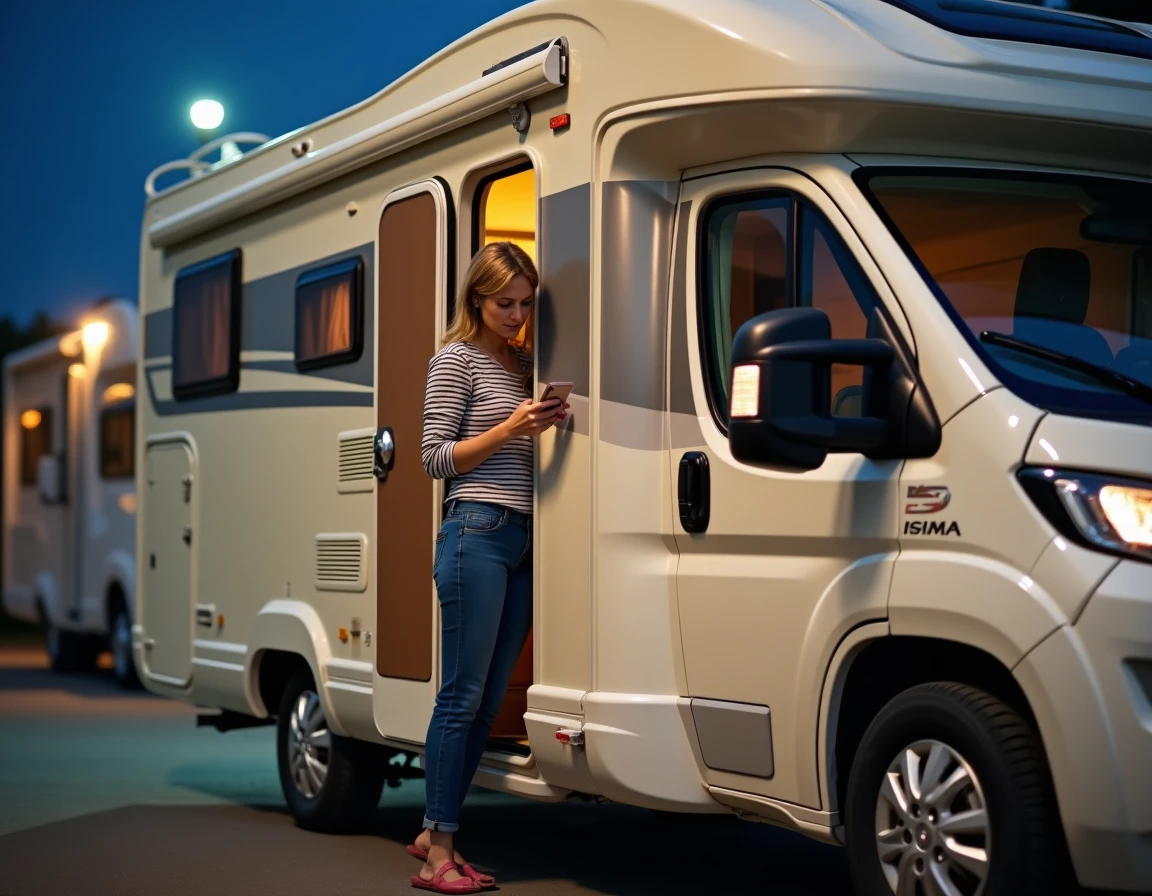 Femme gérant l'assurance de son camping-car intégral poids lourd dans un camping urbain