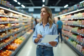 Femme tenant un chèque différé Cora dans un rayon de supermarché lors de ses grosses courses