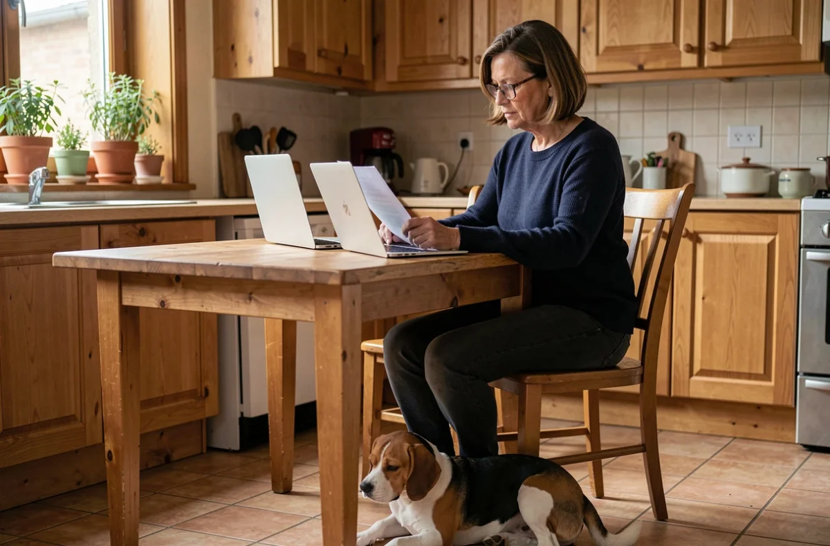 Femme comparant des avis d'assurance chien sur un ordinateur portable à la maison avec son beagle à ses pieds