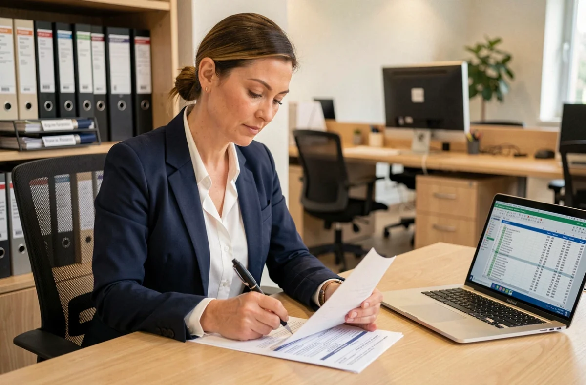 Femme comptable remplissant un formulaire de taxe TVS dans un bureau d'entreprise moderne