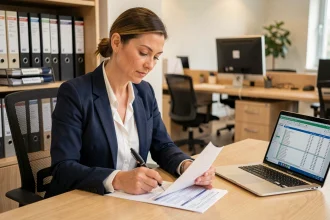 Femme comptable remplissant un formulaire de taxe TVS dans un bureau d'entreprise moderne