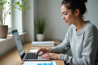 Femme configurant l'application LCL Accès sur un ordinateur portable pour gérer son budget personnel depuis son bureau à domicile