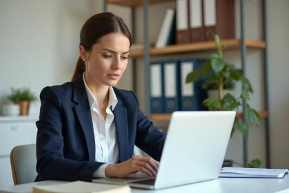 Femme professionnelle consultant des documents bancaires sur ordinateur portable dans un bureau à domicile moderne