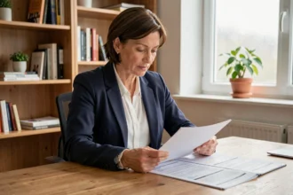 Femme consultant les formules de mutuelle Agrica à son bureau à domicile