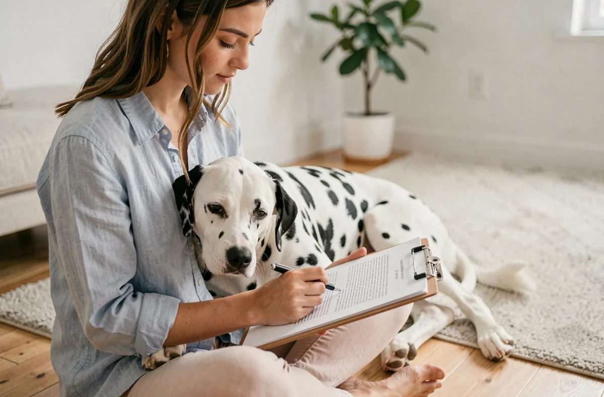 Femme consultant son contrat d'assurance chien Dalma avec son dalmatien posé sur ses genoux dans un appartement moderne