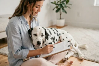 Femme consultant son contrat d'assurance chien Dalma avec son dalmatien posé sur ses genoux dans un appartement moderne
