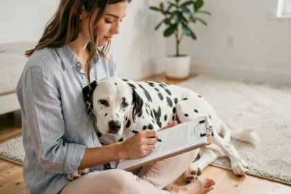 Femme consultant son contrat d'assurance chien Dalma avec son dalmatien posé sur ses genoux dans un appartement moderne