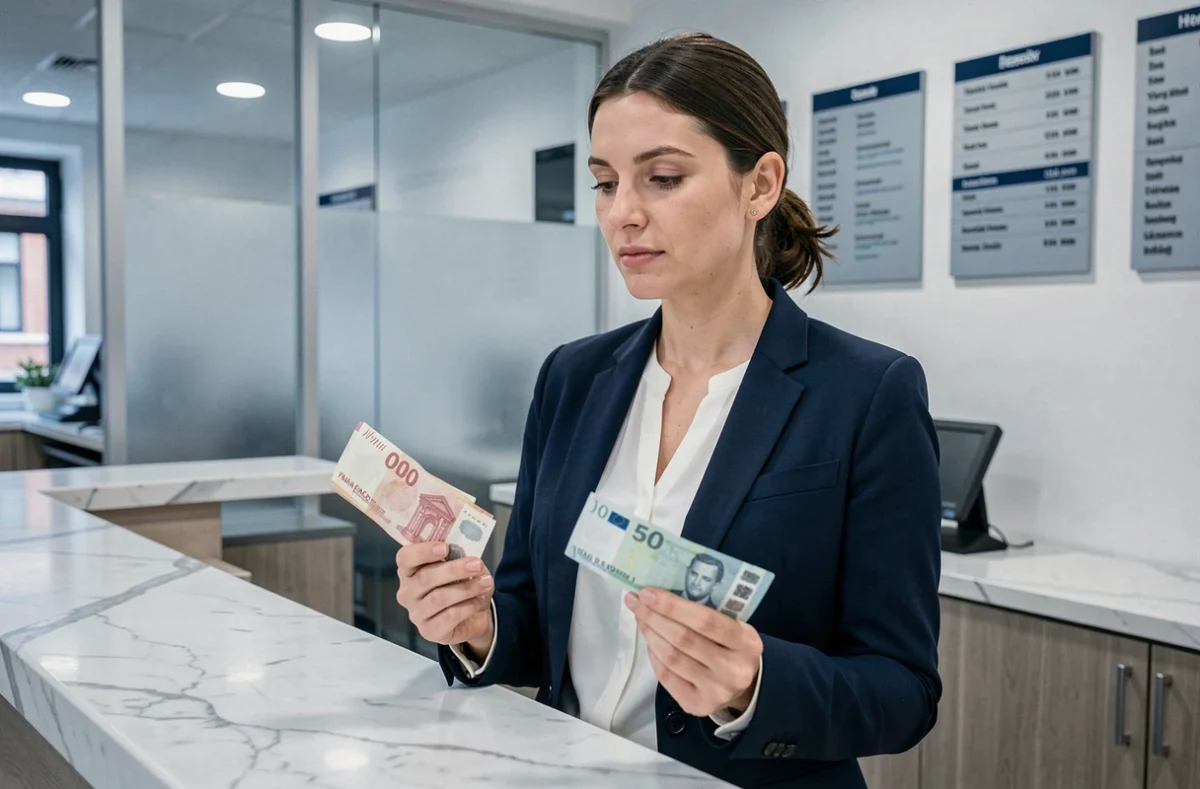 Femme comparant des billets de francs anciens et des euros dans une agence bancaire européenne, conversion monétaire illustrée