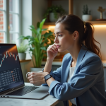 Jeune femme regardant des graphiques de cryptomonnaie sur son ordinateur