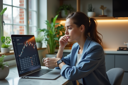 Jeune femme regardant des graphiques de cryptomonnaie sur son ordinateur