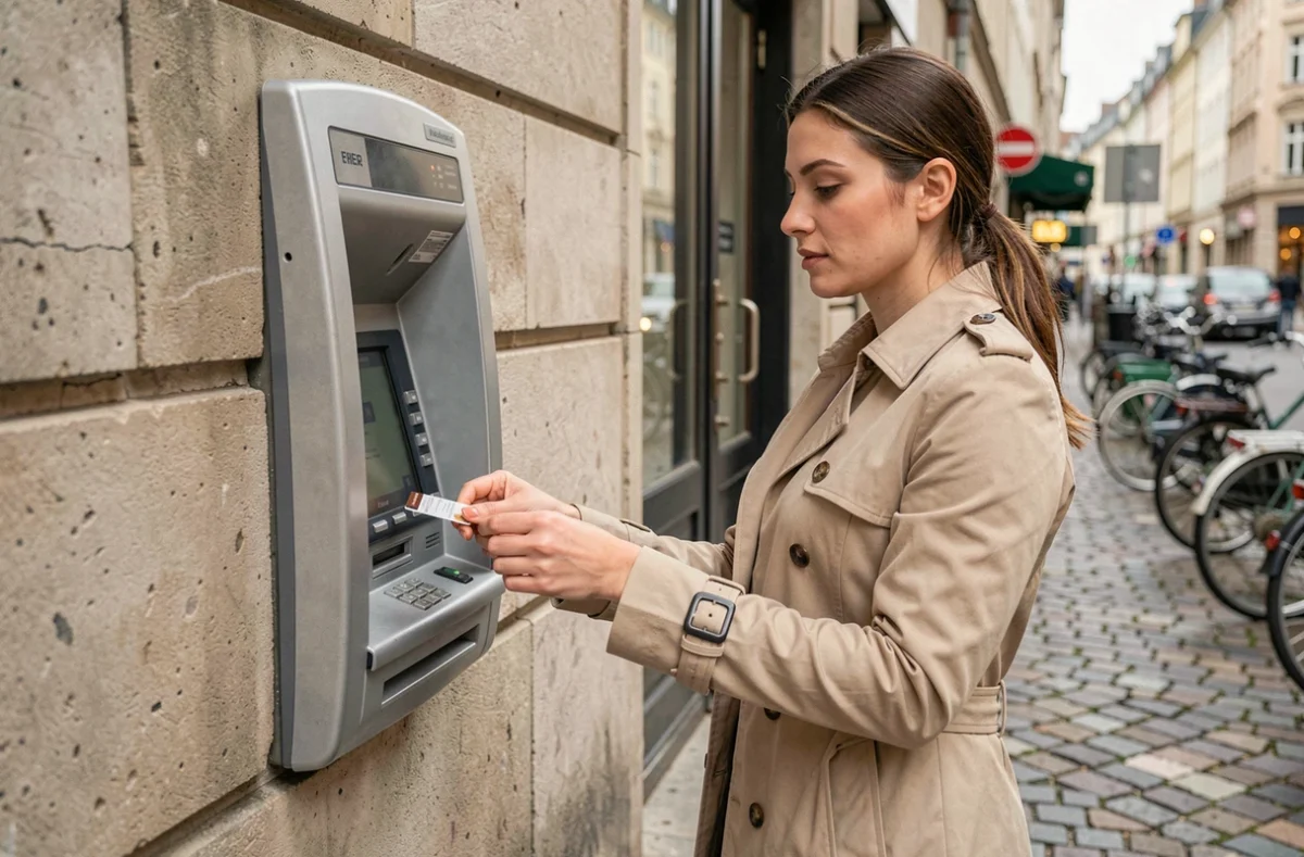 Femme utilisant un distributeur automatique de billets encastré dans un mur de pierre en ville