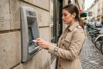 Femme utilisant un distributeur automatique de billets encastré dans un mur de pierre en ville