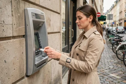 Femme utilisant un distributeur automatique de billets encastré dans un mur de pierre en ville