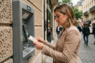 Femme retirant des billets de banque à un distributeur automatique en ville et calculant sa monnaie en espèces