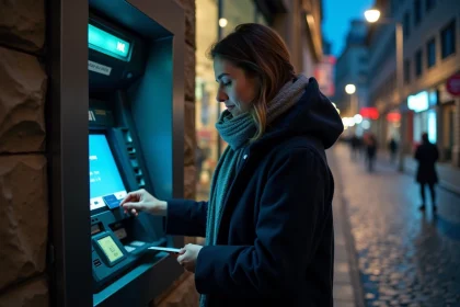 Femme utilisant un distributeur de billets de nuit dans une rue urbaine pavée