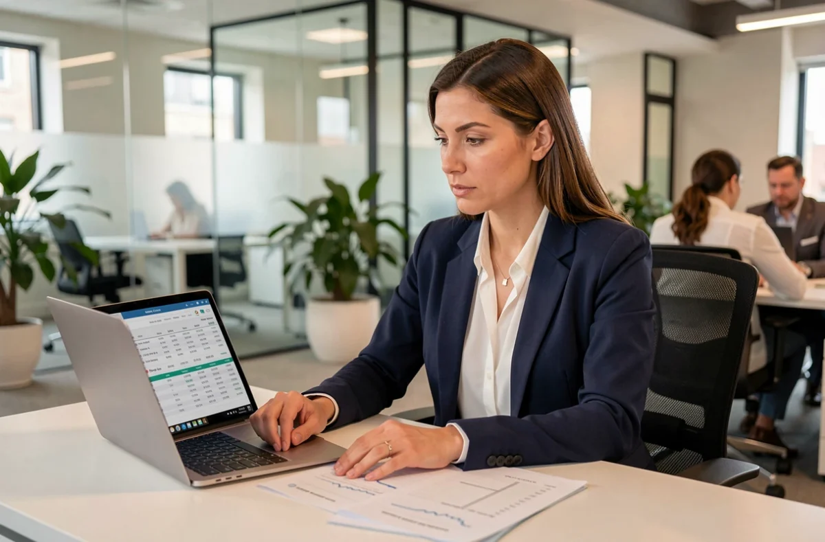 Femme professionnelle consultant ses documents d'épargne salariale sur son bureau en open space