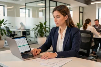 Femme professionnelle consultant ses documents d'épargne salariale sur son bureau en open space