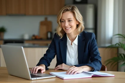 Femme en blazer bleu à la maison gérant ses finances