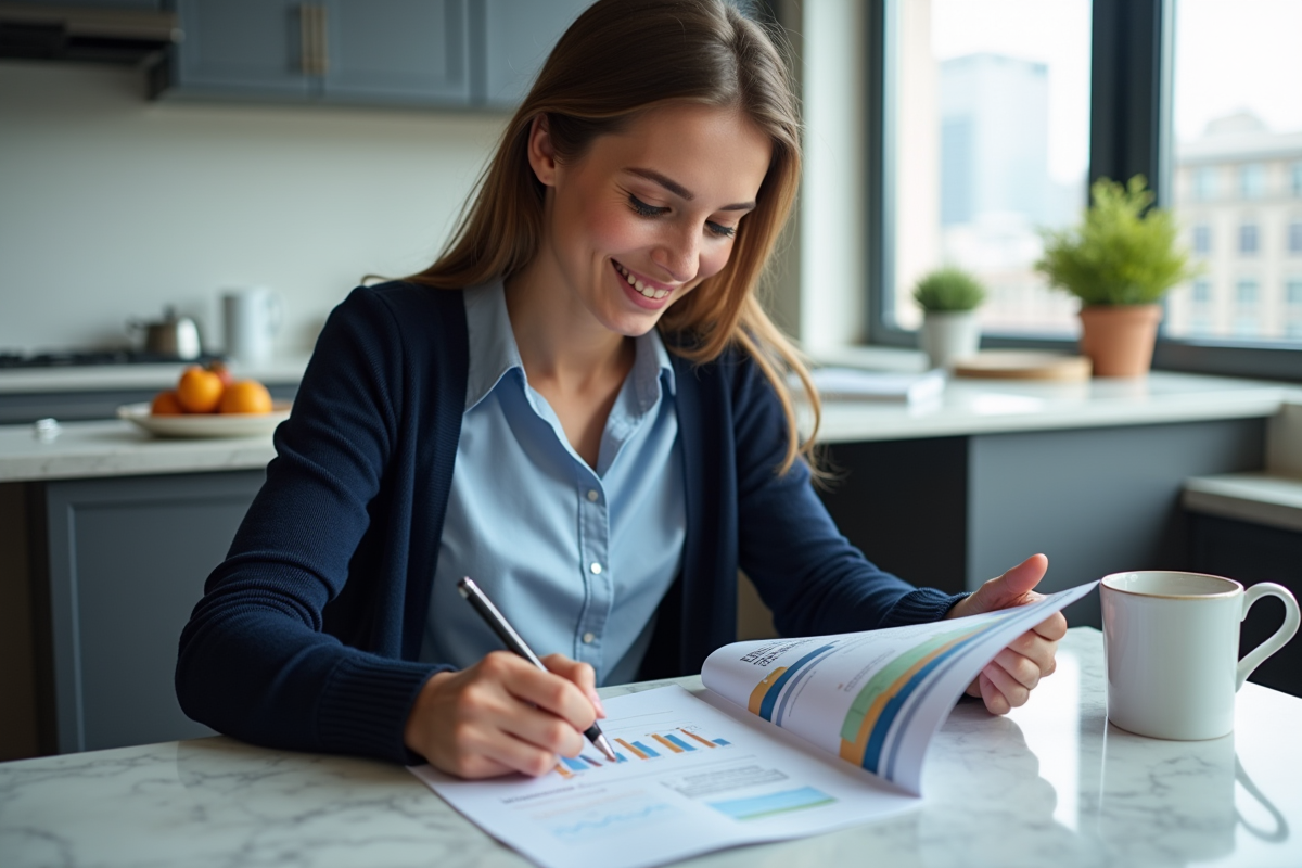 Jeune femme en bureau à domicile analyse un portefeuille d