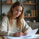Femme lisant des documents de pret dans un intérieur cosy