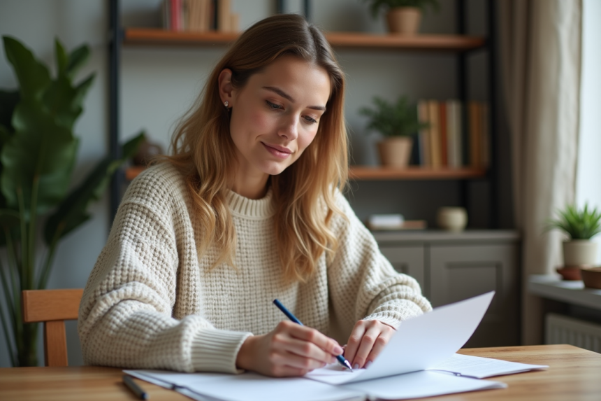 Femme lisant des documents de pret dans un intérieur cosy