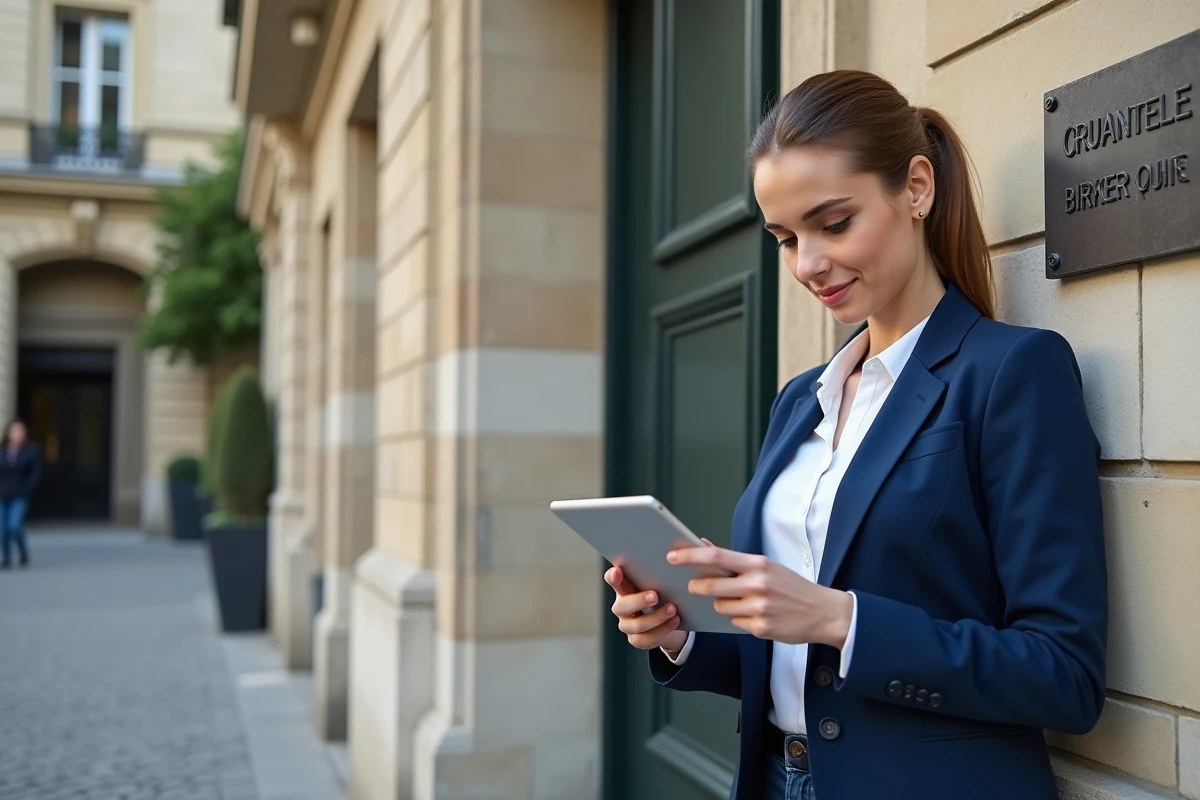 Jeune femme avec tablette devant un palais de justice parisien
