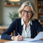 Femme d'environ 55 ans lisant des papiers dans un salon lumineux