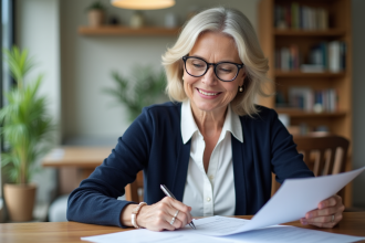 Femme d'environ 55 ans lisant des papiers dans un salon lumineux