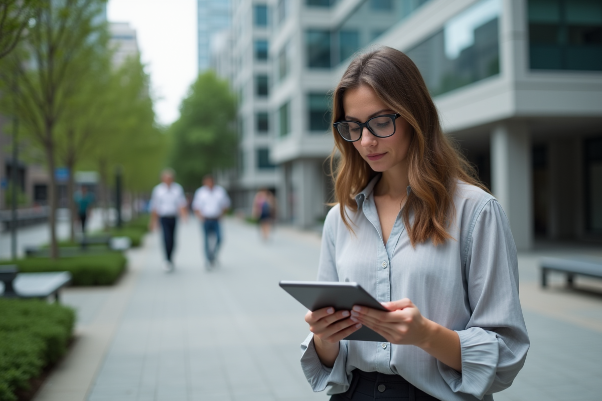 Femme vérifiant des données crypto sur une tablette en extérieur
